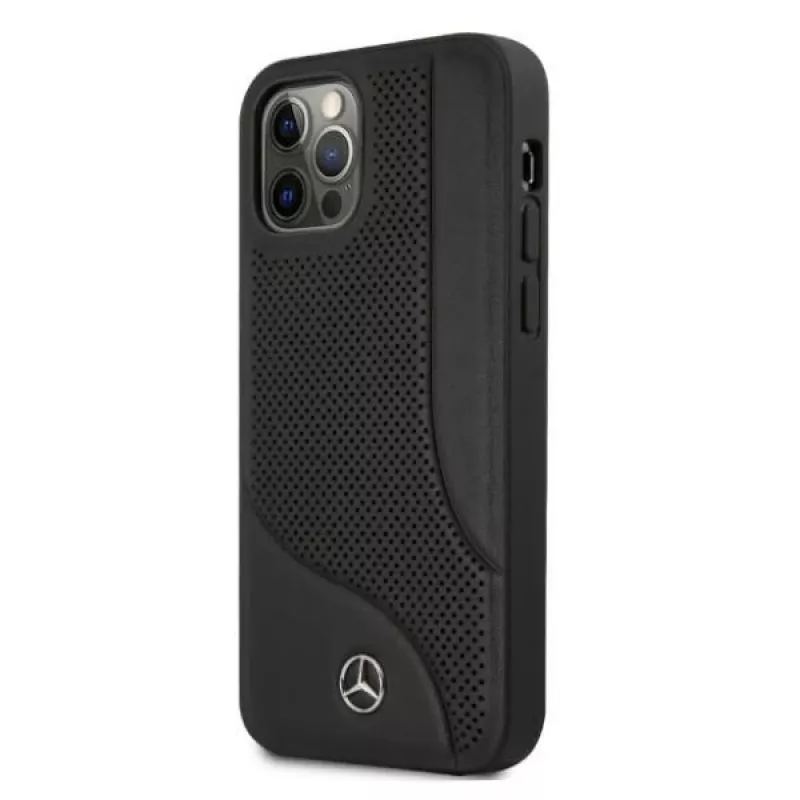 Mercedes-Benz iPhone 12 Pro Max 6,7 palca čierna pevná škrupina koža s perforáciou