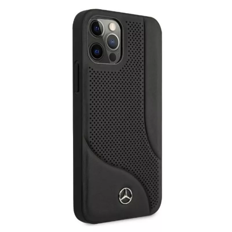 Mercedes-Benz iPhone 12 Pro Max 6,7 palca čierna pevná škrupina koža s perforáciou