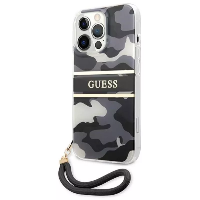 Guess GUHCP13LKCABBK pevné puzdro pre iPhone 13 Pro / 13 6,1 palca čierne Camo Strap Collection
