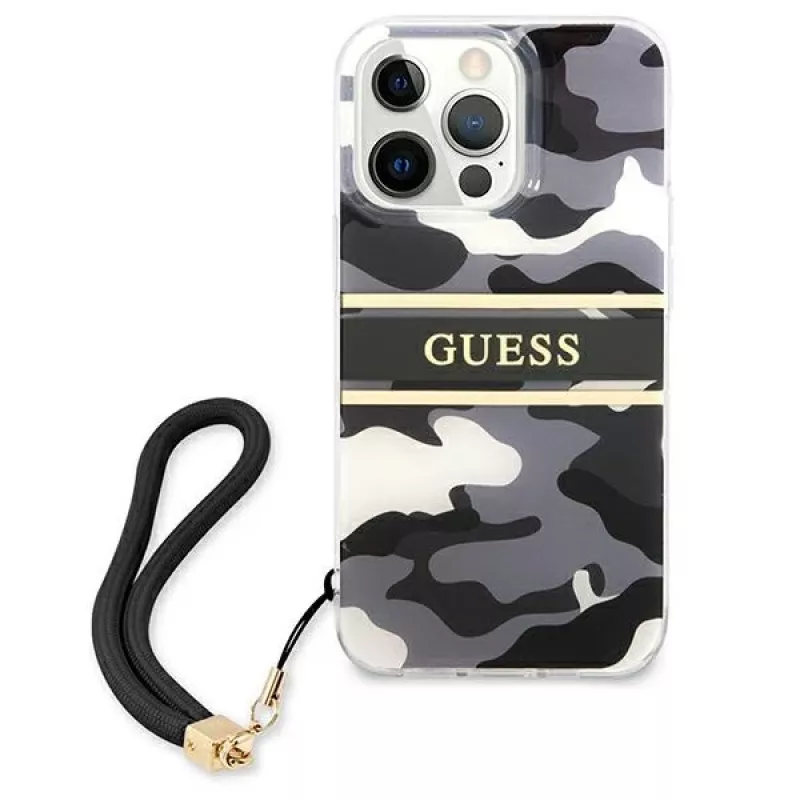 Guess GUHCP13XKCABBK pevné puzdro pre iPhone 13 Pro Max Camo Strap Collection čierne