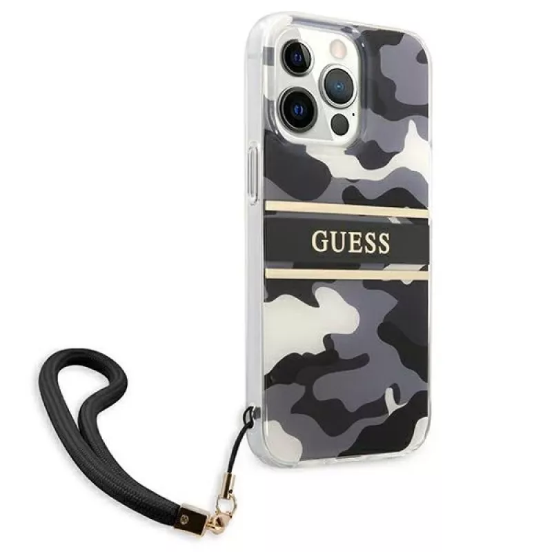 Guess GUHCP13XKCABBK pevné puzdro pre iPhone 13 Pro Max Camo Strap Collection čierne