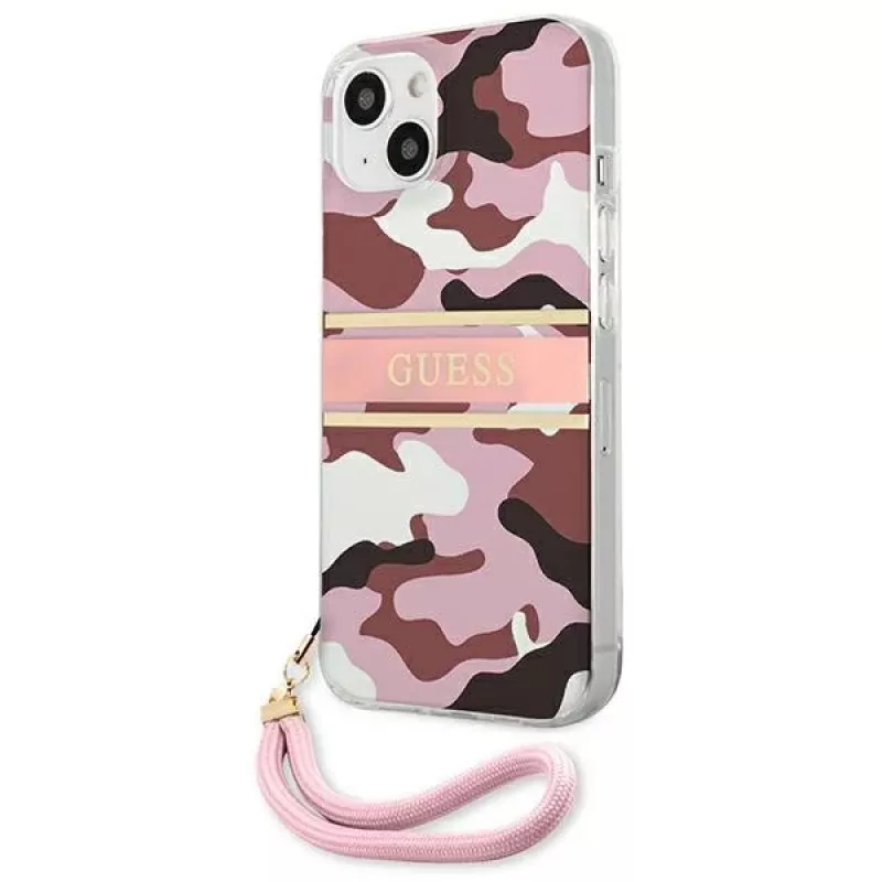 Guess GUHCP13MKCABPI pevné puzdro pre iPhone 13 / 14 / 15 6,1 palca ružové Camo Strap Collection