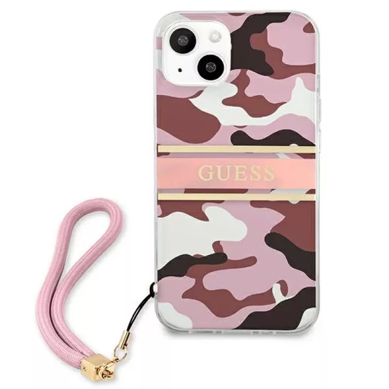 Guess GUHCP13MKCABPI pevné puzdro pre iPhone 13 / 14 / 15 6,1 palca ružové Camo Strap Collection