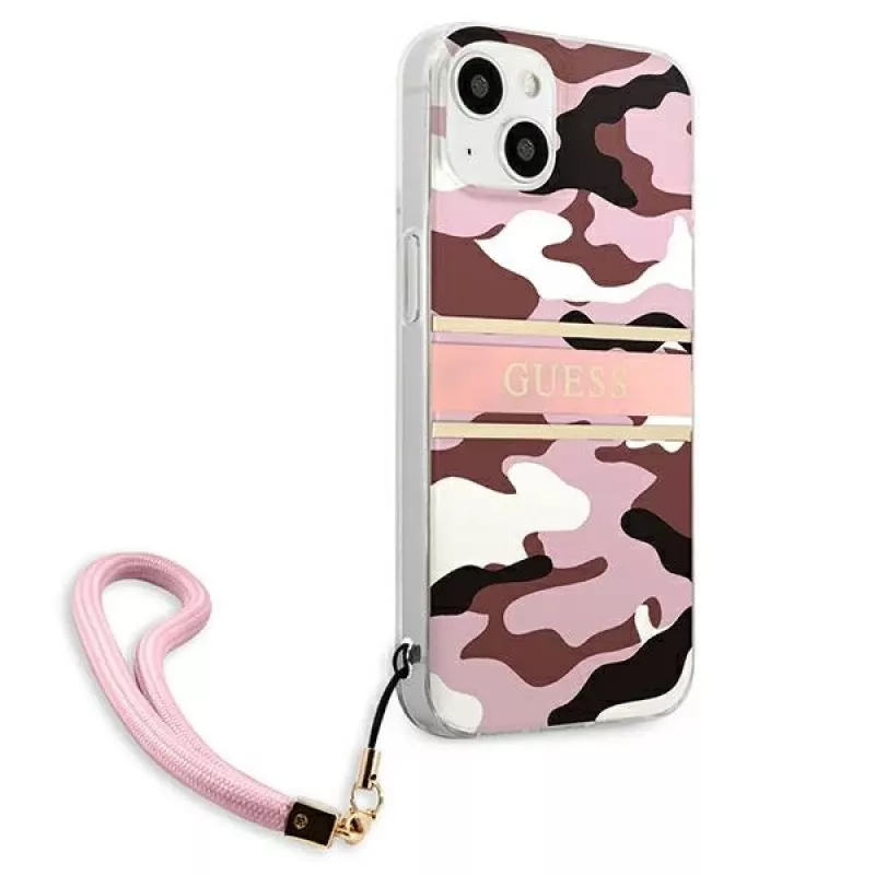 Guess GUHCP13MKCABPI pevné puzdro pre iPhone 13 / 14 / 15 6,1 palca ružové Camo Strap Collection