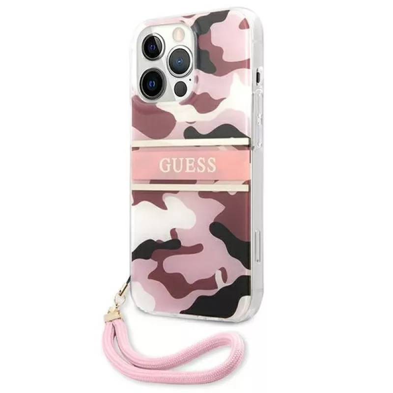 Guess Camo Strap Collection pevné puzdro pre Apple iPhone 13 Pro / iPhone 13, ružové