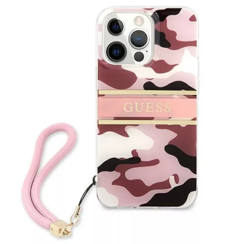Guess Camo Strap Collection pevné puzdro pre Apple iPhone 13 Pro / iPhone 13, ružové
