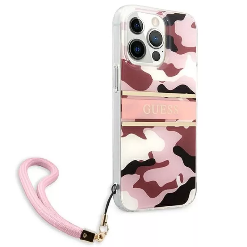 Guess Camo Strap Collection pevné puzdro pre Apple iPhone 13 Pro / iPhone 13, ružové