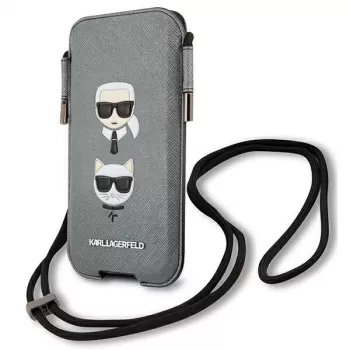 Karl Lagerfeld Ikonik pevné puzdro pre Apple iPhone 12 Pro Max, sivá Saffiano PU, dizajn Karl & Choupette Head