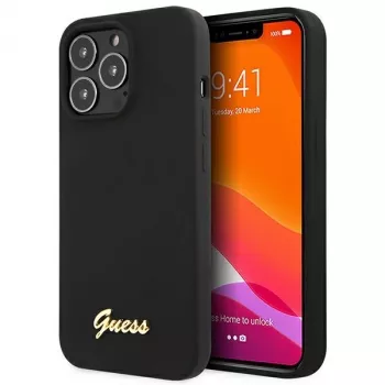 Guess GUHCP13XLSLMGBK iPhone 13 Pro Max 6,7 palca čierne silikónové puzdro so zlatým Script logom