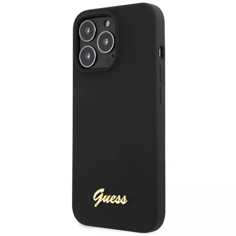 Guess GUHCP13XLSLMGBK iPhone 13 Pro Max 6,7 palca čierne silikónové puzdro so zlatým Script logom
