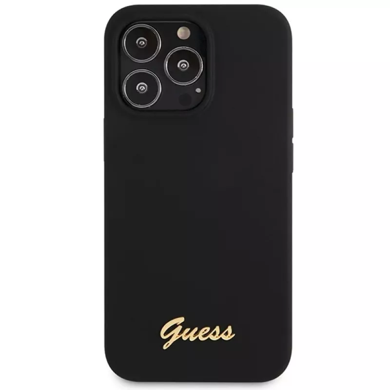 Guess GUHCP13XLSLMGBK iPhone 13 Pro Max 6,7 palca čierne silikónové puzdro so zlatým Script logom