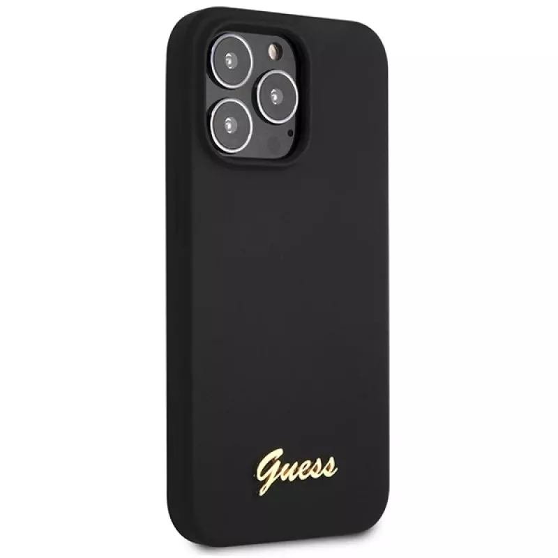 Guess GUHCP13XLSLMGBK iPhone 13 Pro Max 6,7 palca čierne silikónové puzdro so zlatým Script logom