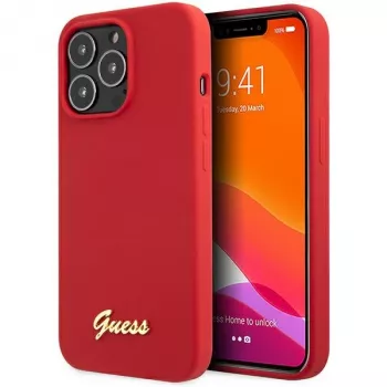 Guess GUHCP13XLSLMGRE iPhone 13 Pro Max 6.7 bordové silikónové pevné puzdro s Vintage Gold logom