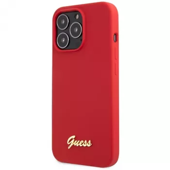 Guess GUHCP13XLSLMGRE iPhone 13 Pro Max 6.7 bordové silikónové pevné puzdro s Vintage Gold logom