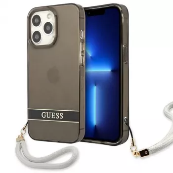 Guess GUHCP13LHTSGSK priesvitné pevné puzdro s pútkom na ruku pre Apple iPhone 13 Pro / iPhone 13, čierne