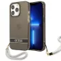 Guess GUHCP13LHTSGSK priesvitné pevné puzdro s pútkom na ruku pre Apple iPhone 13 Pro / iPhone 13, čierne
