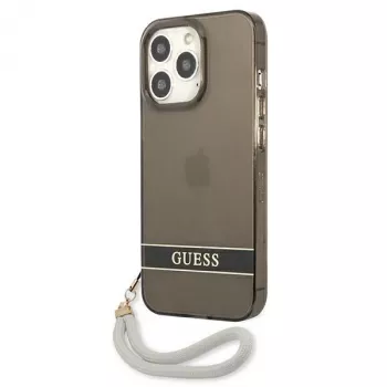 Guess GUHCP13LHTSGSK priesvitné pevné puzdro s pútkom na ruku pre Apple iPhone 13 Pro / iPhone 13, čierne