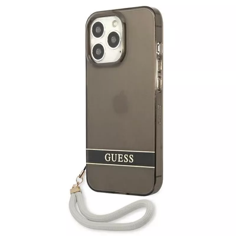 Guess GUHCP13LHTSGSK priesvitné pevné puzdro s pútkom na ruku pre Apple iPhone 13 Pro / iPhone 13, čierne