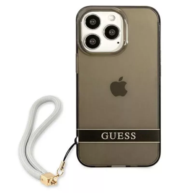 Guess GUHCP13LHTSGSK priesvitné pevné puzdro s pútkom na ruku pre Apple iPhone 13 Pro / iPhone 13, čierne