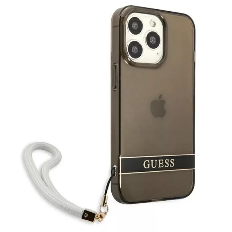 Guess GUHCP13LHTSGSK priesvitné pevné puzdro s pútkom na ruku pre Apple iPhone 13 Pro / iPhone 13, čierne