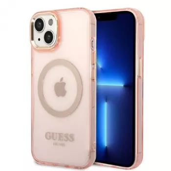 Guess Gold Outline Translucent MagSafe pevné puzdro pre iPhone 13/14/15 6,1