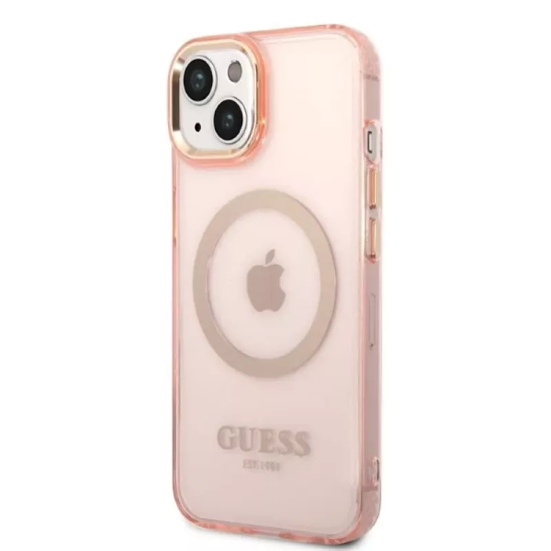 Guess Gold Outline Translucent MagSafe pevné puzdro pre iPhone 13/14/15 6,1