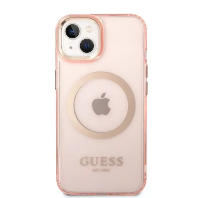 Guess Gold Outline Translucent MagSafe pevné puzdro pre iPhone 13/14/15 6,1