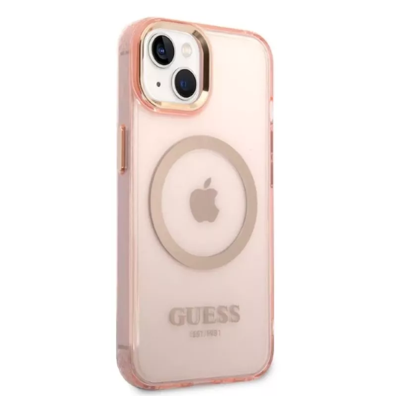 Guess Gold Outline Translucent MagSafe pevné puzdro pre iPhone 13/14/15 6,1