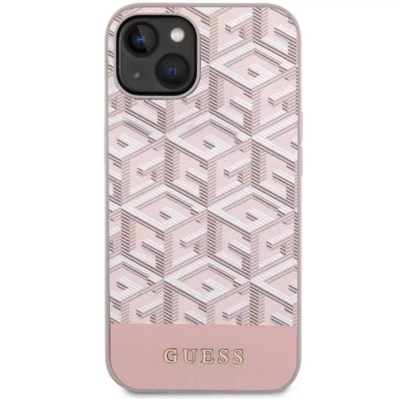 GUESS iPhone 13/14/15 ružové puzdro GCube Stripes MagSafe