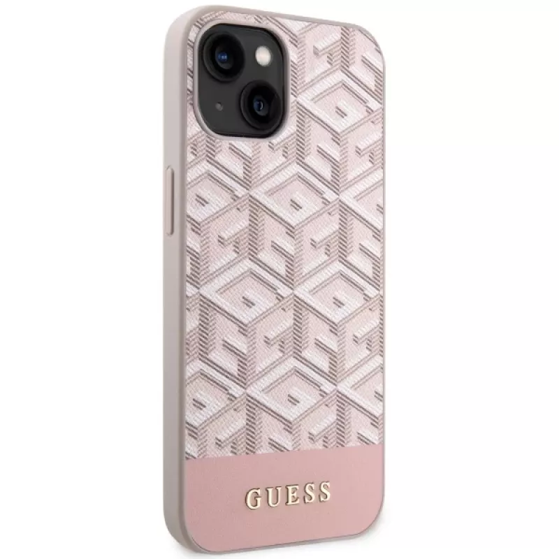 GUESS iPhone 13/14/15 ružové puzdro GCube Stripes MagSafe