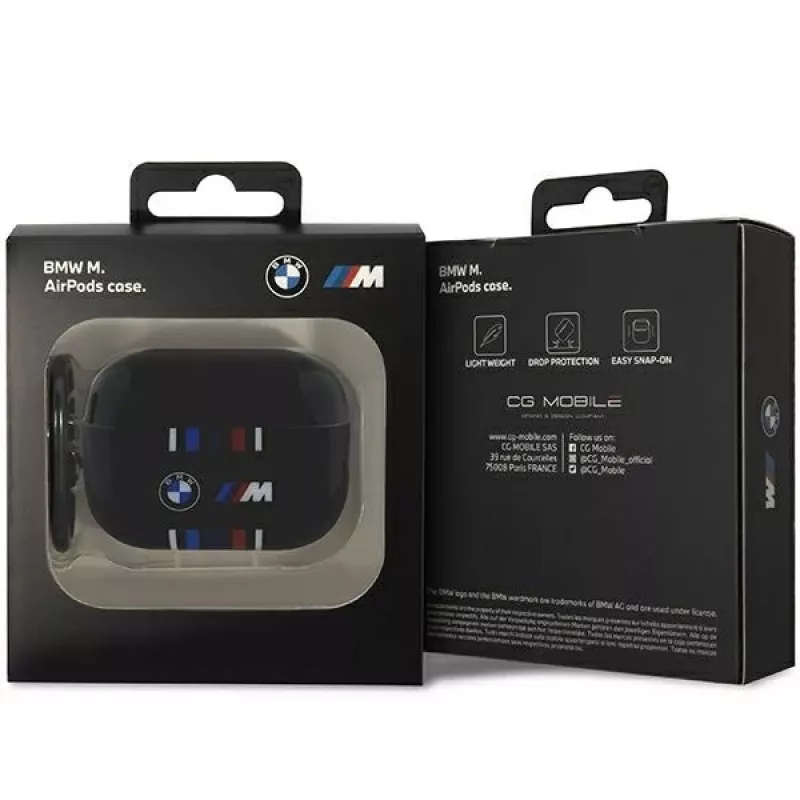 BMW ochranné puzdro pre AirPods Pro 2. generácie, čierne, s dizajnom M-Stripe