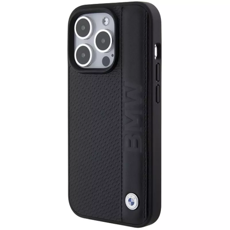 BMW BMHCP15L22RDPK iPhone 15 Pro 6,1 inch pevné puzdro kožená textúra a pruhy čierne