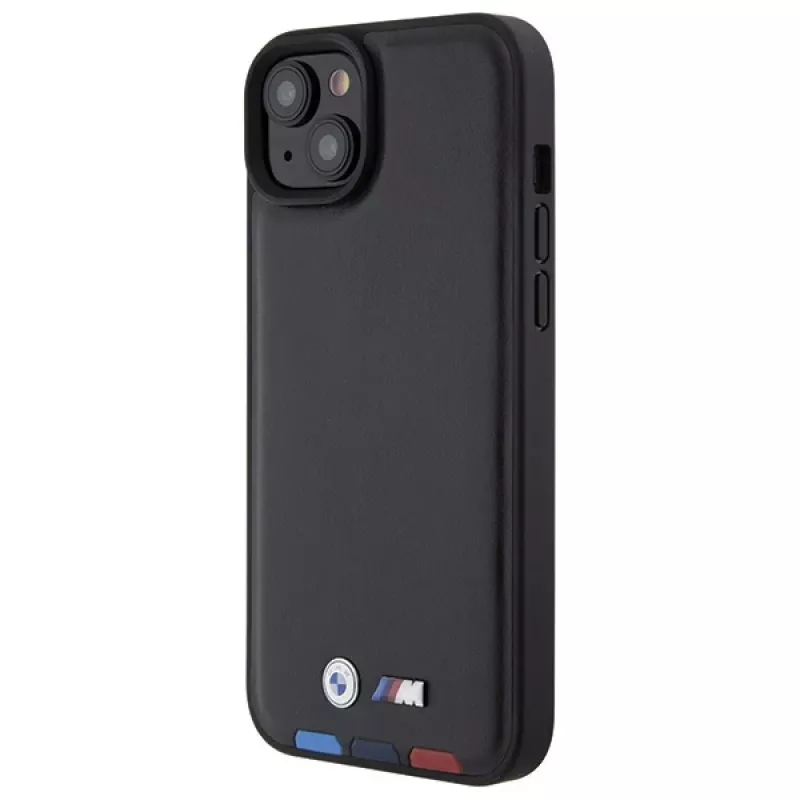 BMW M Collection kožené razené zadné krytie pre iPhone 15 Plus / 14 Plus 6,7 palca - Black Tricolor