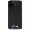 BMW M Collection kožené razené zadné krytie pre iPhone 15 Plus / 14 Plus 6,7 palca - Black Tricolor