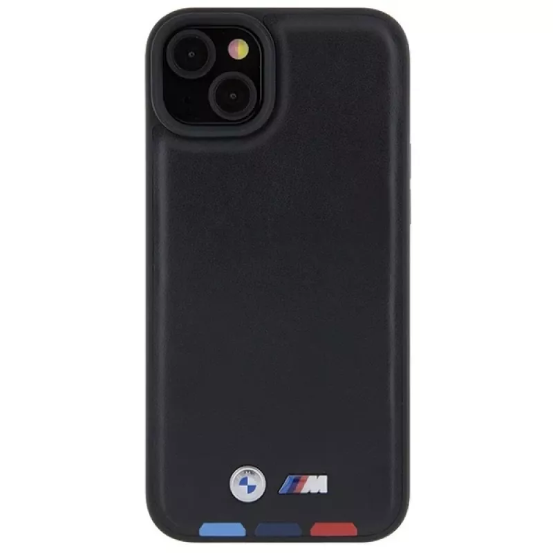 BMW M Collection kožené razené zadné krytie pre iPhone 15 Plus / 14 Plus 6,7 palca - Black Tricolor
