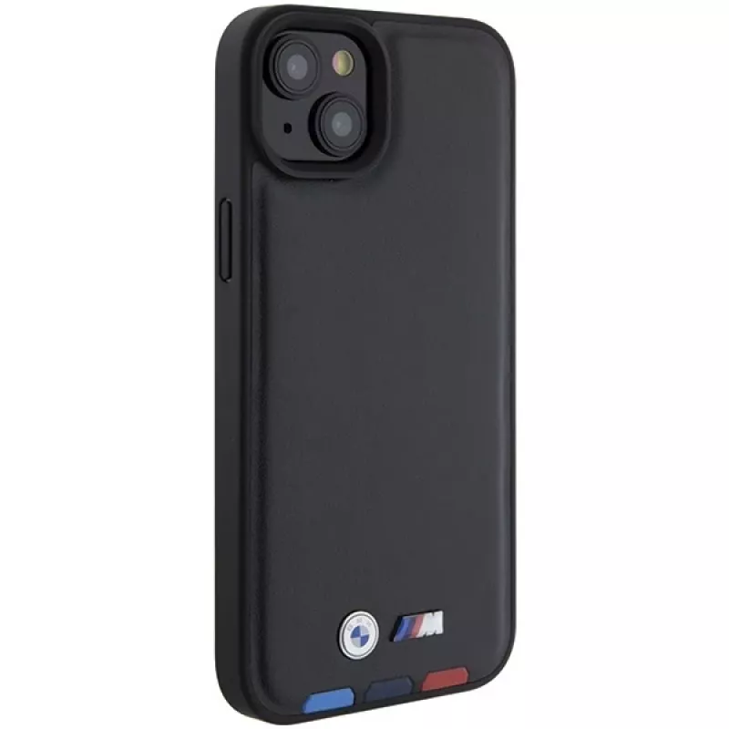 BMW M Collection kožené razené zadné krytie pre iPhone 15 Plus / 14 Plus 6,7 palca - Black Tricolor