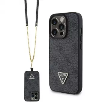GUESS PU 4G Strass Triangle kovové puzdro + remienok pre iPhone 15 Pro čierne