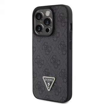 GUESS PU 4G Strass Triangle kovové puzdro + remienok pre iPhone 15 Pro čierne