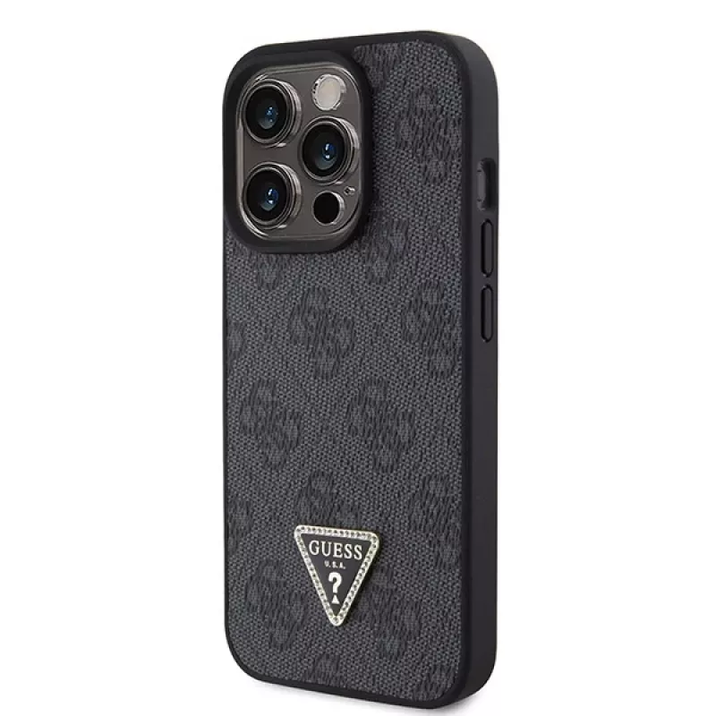 GUESS PU 4G Strass Triangle kovové puzdro + remienok pre iPhone 15 Pro čierne