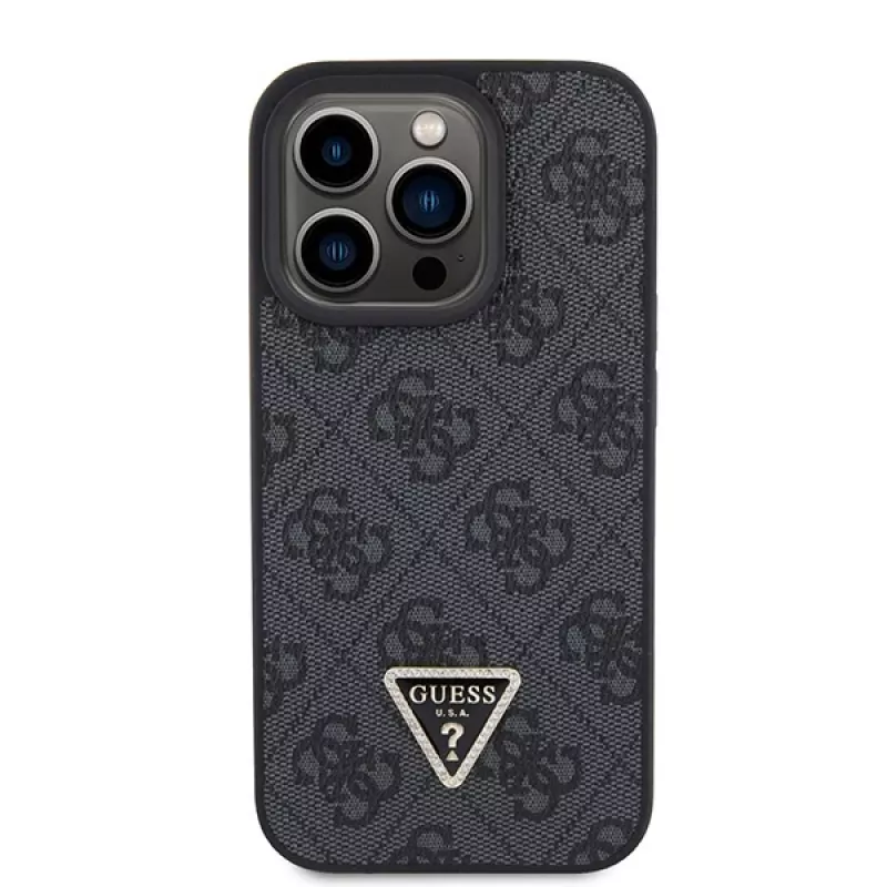 GUESS PU 4G Strass Triangle kovové puzdro + remienok pre iPhone 15 Pro čierne