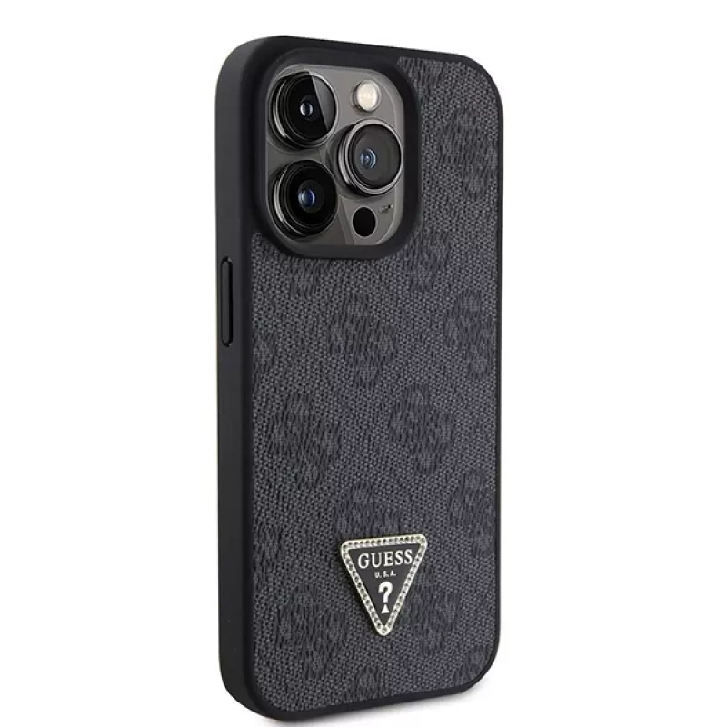 GUESS PU 4G Strass Triangle kovové puzdro + remienok pre iPhone 15 Pro čierne