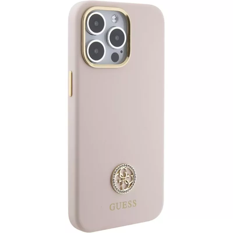 Guess GUHCP15XM4DGPP iPhone 15 Pro Max 6,7 inch ružové silikónové pevné puzdro s logom Strass 4G