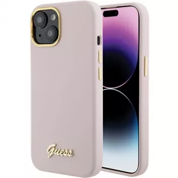 Guess GUHCP15SSMBSLP silikónové pevné puzdro Script Metal Logo & Frame pre Apple iPhone 15 / 14 / 13 6,1
