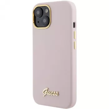 Guess GUHCP15SSMBSLP silikónové pevné puzdro Script Metal Logo & Frame pre Apple iPhone 15 / 14 / 13 6,1