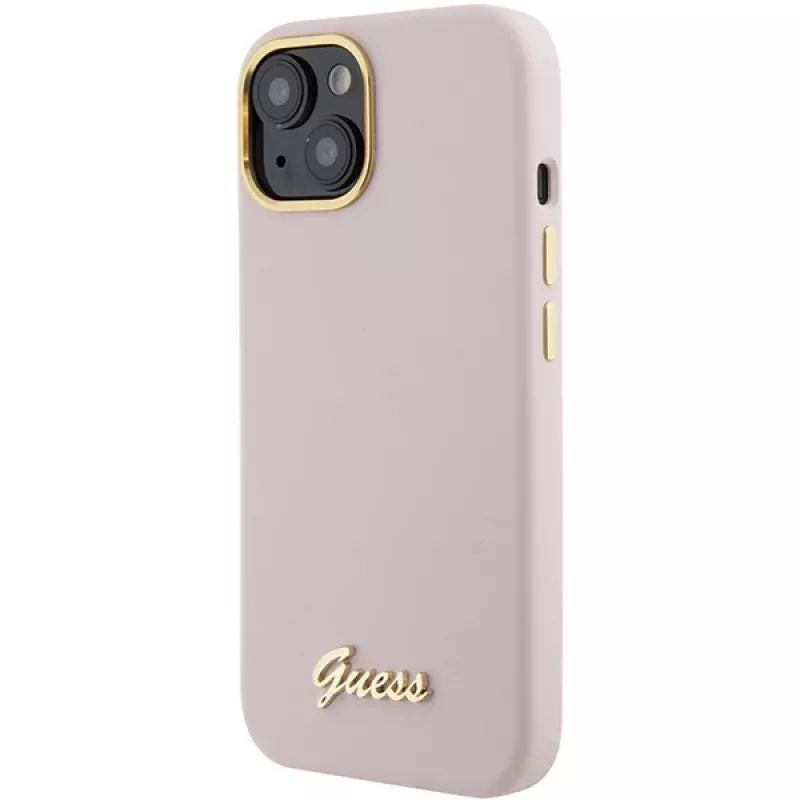 Guess GUHCP15SSMBSLP silikónové pevné puzdro Script Metal Logo & Frame pre Apple iPhone 15 / 14 / 13 6,1