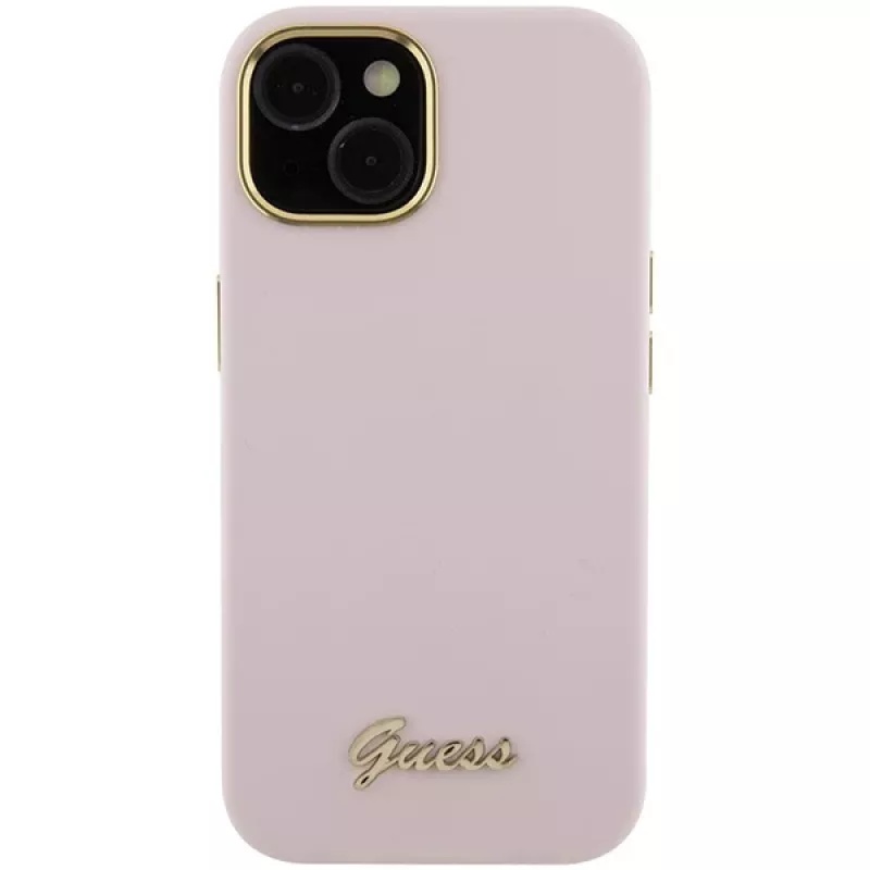 Guess GUHCP15SSMBSLP silikónové pevné puzdro Script Metal Logo & Frame pre Apple iPhone 15 / 14 / 13 6,1