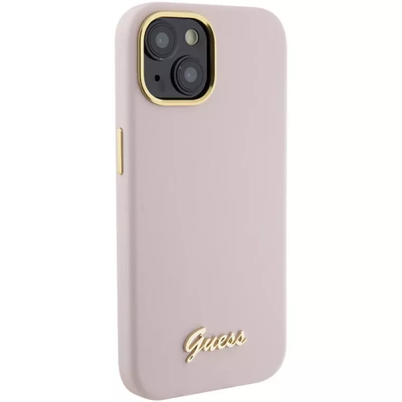 Guess GUHCP15SSMBSLP silikónové pevné puzdro Script Metal Logo & Frame pre Apple iPhone 15 / 14 / 13 6,1