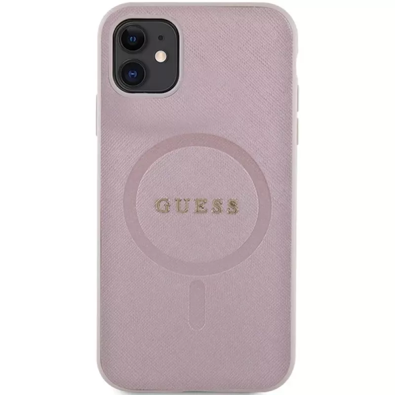 Guess GUHMN61PSAHMCP pevné puzdro Saffiano MagSafe pre iPhone 11 / Xr 6.1 ružové