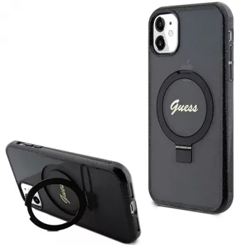 Guess GUHMN61HRSGSK iPhone 11 / XR 6.1 čierne pevné puzdro Ring Stand Script Glitter MagSafe