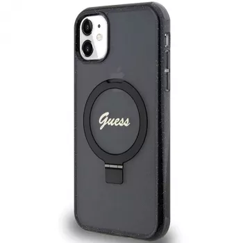 Guess GUHMN61HRSGSK iPhone 11 / XR 6.1 čierne pevné puzdro Ring Stand Script Glitter MagSafe